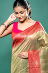 Pista Cotton Zari Border Saree With Unstitched Blouse