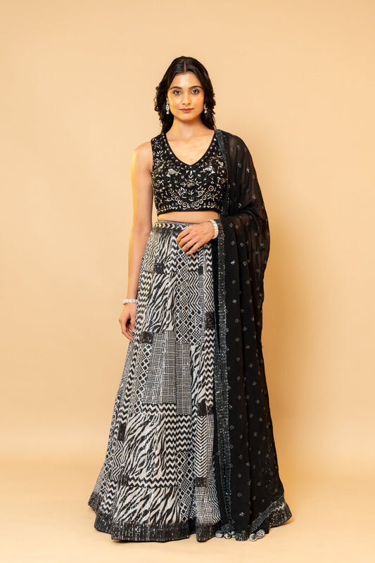 White Black Net Lehenga Set With Georgette Dupatta