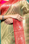 Pista Cotton Zari Border Saree With Unstitched Blouse