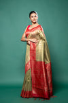 Pista Cotton Zari Border Saree With Unstitched Blouse
