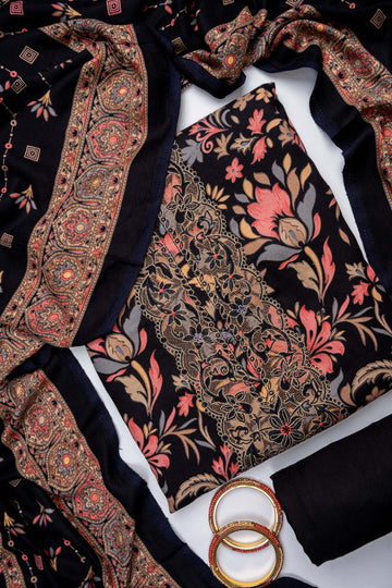 Navy Blue Pashmina Unstitched Salwar Suit With Cotton Dupatta