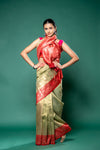 Pista Cotton Zari Border Saree With Unstitched Blouse
