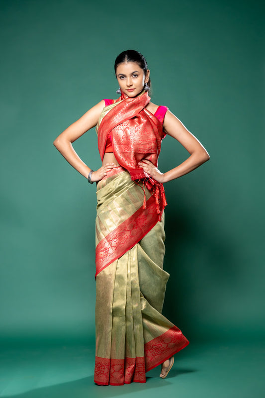 Pista Cotton Zari Border Saree With Unstitched Blouse