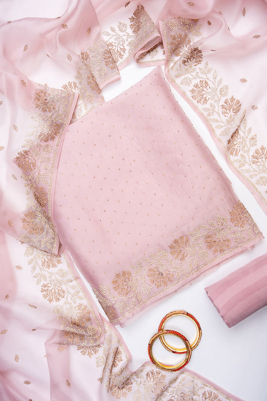 Pink Organza Unstitched Salwar Suit With Organza Dupatta