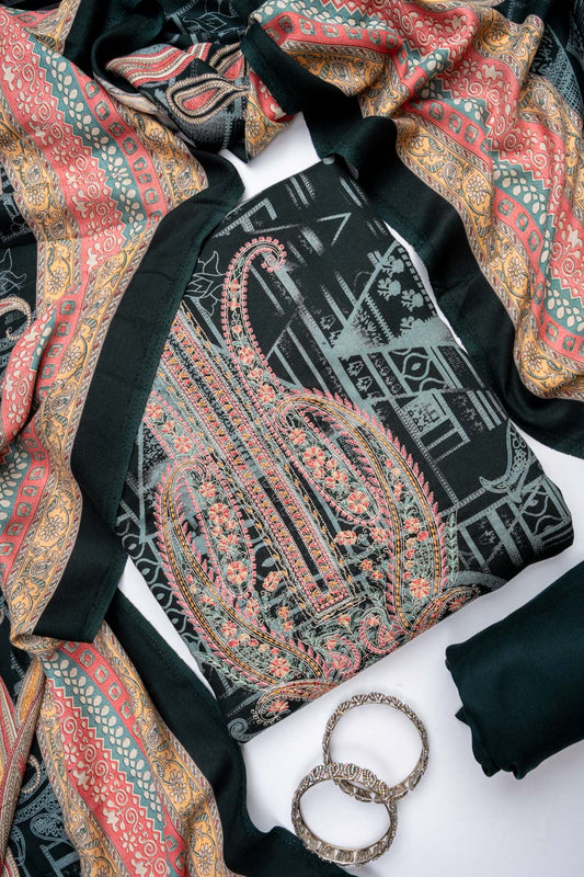 Peacock Pashmina Unstitched Salwar Suit With Pashmina Dupatta