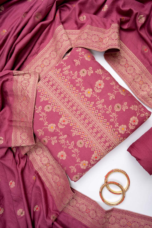 Dark Gajari Pashmina Unstitched Salwar Suit With Pashmina Dupatta