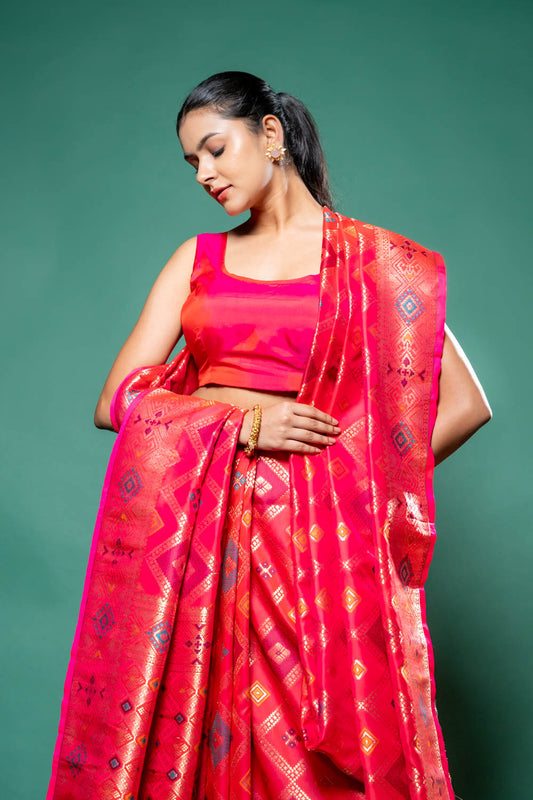 Rani Banarasi Silk Digital Printed Saree With Unstitched Blouse