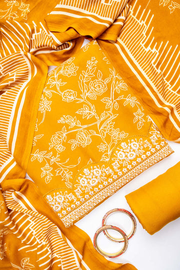Mustard Pashmina Unstitched Salwar Suit With Pashmina Dupatta