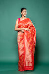 Red Dola Silk printed Saree With Unstitched Blouse