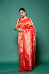 Red Dola Silk printed Saree With Unstitched Blouse