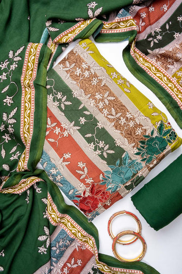 Bottle Green Pashmina Unstitched Salwar Suit With Pashmina Dupatta