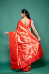 Red Dola Silk printed Saree With Unstitched Blouse