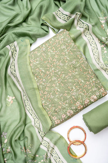 Pista Pashmina Unstitched Salwar Suit With Cotton Dupatta