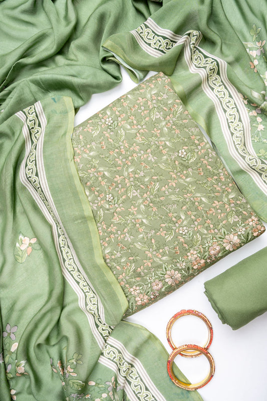 Pista Pashmina Unstitched Salwar Suit With Cotton Dupatta