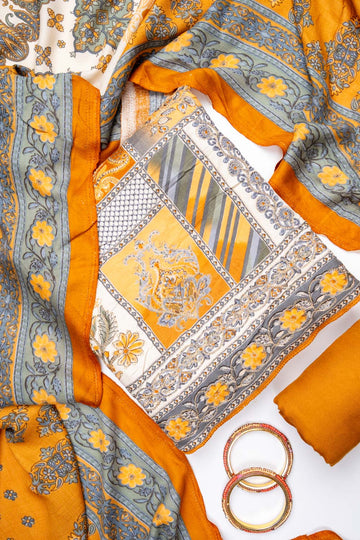 Tussar Mustard Pashmina Unstitched Salwar Suit With Pashmina Dupatta