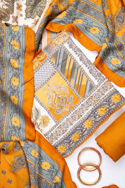 Tussar Mustard Pashmina Unstitched Salwar Suit With Pashmina Dupatta