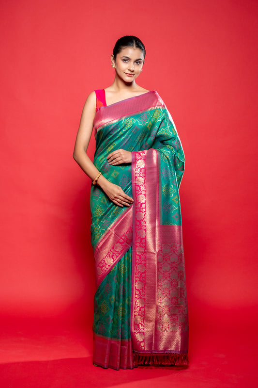 Rama Rani Banarasi Silk Digital Printed  Saree With Unstitched Blouse