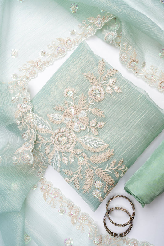 Pista Organza Unstitched Salwar Suit With Organza Dupatta