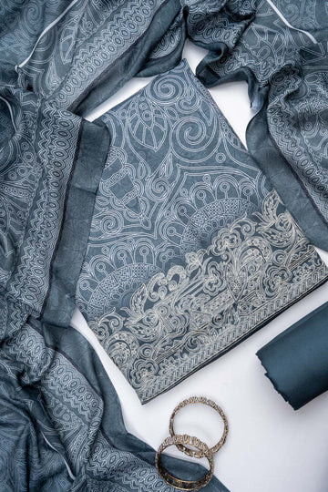 Grey Pashmina Unstitched Salwar Suit With Pashmina Dupatta