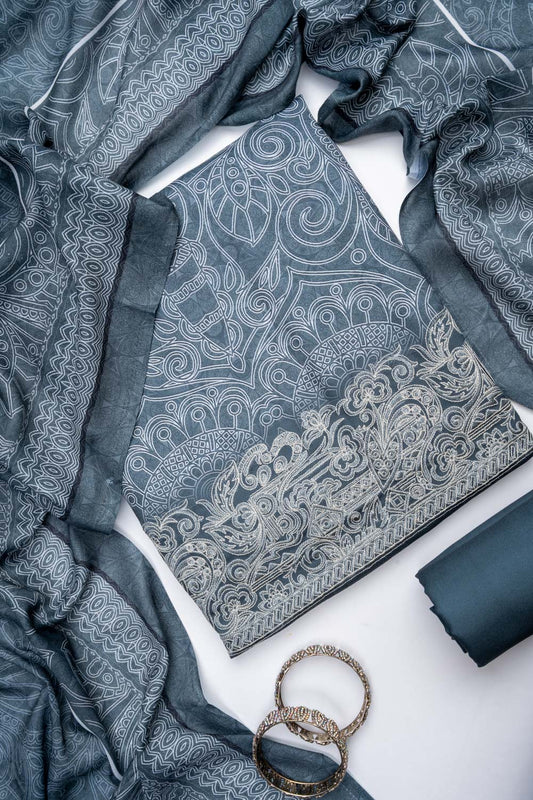Grey Pashmina Unstitched Salwar Suit With Pashmina Dupatta