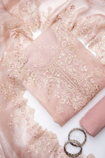 Peach Organza Unstitched Salwar Suit With Organza Dupatta