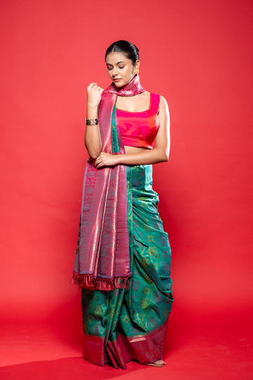 Rama Rani Banarasi Silk Digital Printed  Saree With Unstitched Blouse