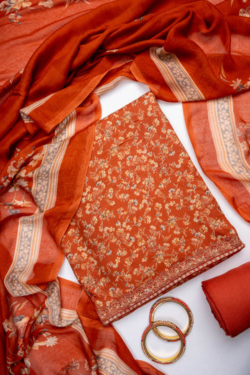 Rust Pashmina Unstitched Salwar Suit With Cotton Dupatta