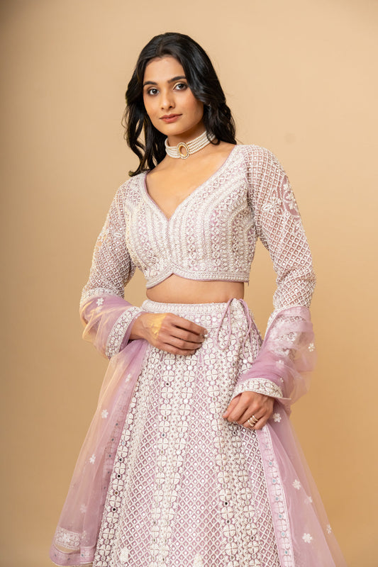 Pink Net Lehenga Set With Readymade Blouse (Ft:-Mansi Srivastava)