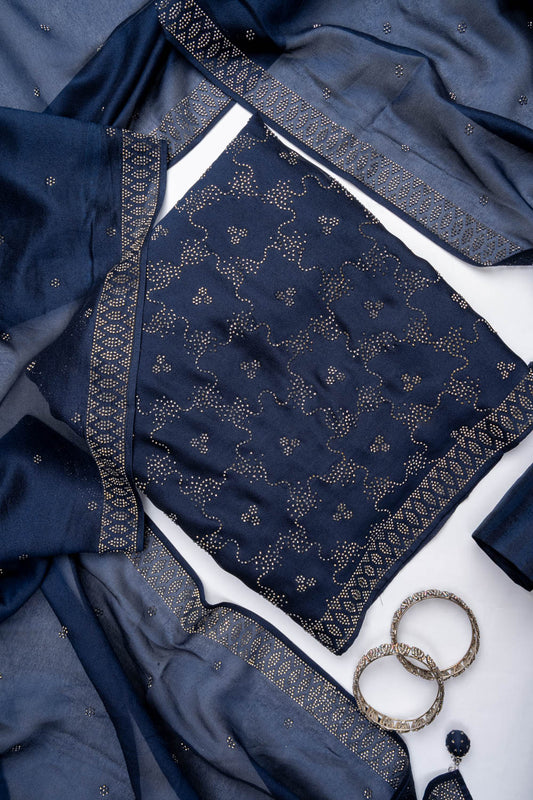 Navy Blue Organza Unstitched Salwar Suit With Organza Dupatta