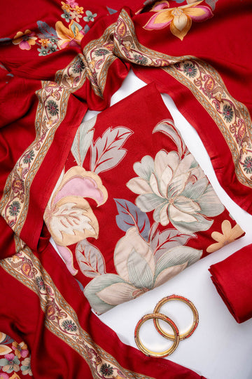 Maroon Pashmina Unstitched Salwar Suit With Pashmina Dupatta