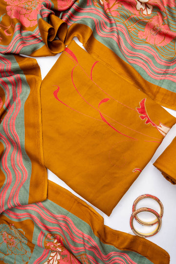 Mustard Pashmina Unstitched Salwar Suit With Pashmina Dupatta