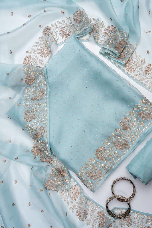 Tea-green Organza Unstitched Salwar Suit With Organza Dupatta