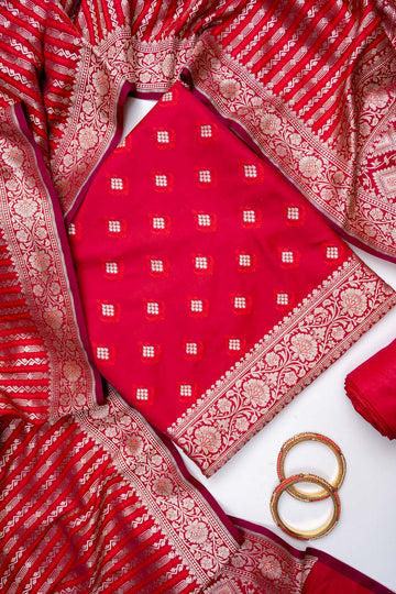 Maroon Banarasi Silk Unstitched Salwar Suit With Silk Dupatta