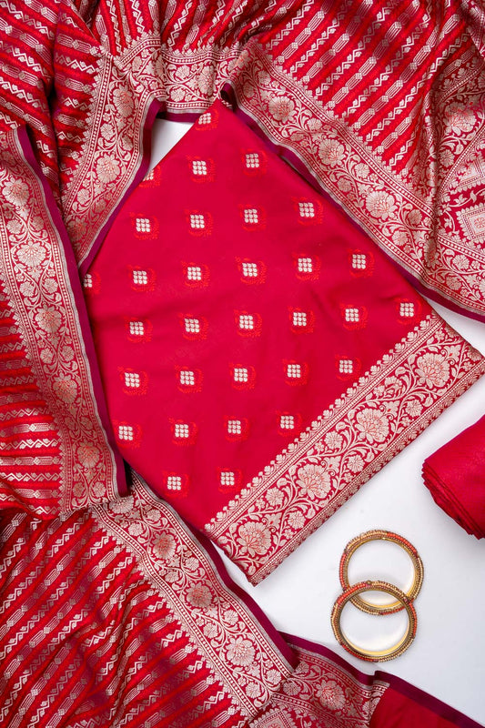 Maroon Banarasi Silk Unstitched Salwar Suit With Silk Dupatta