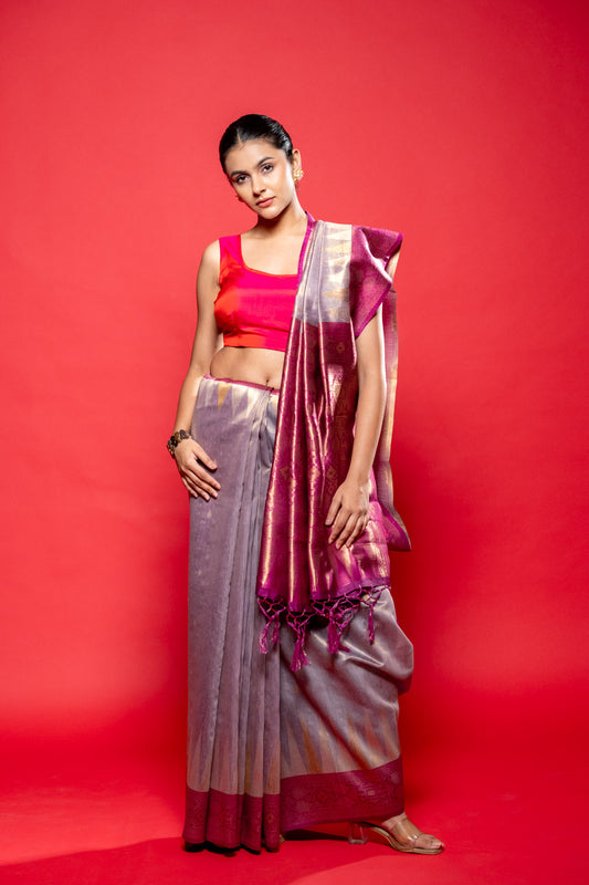 Mauve Cotton Zari Border Saree With Unstitched Blouse