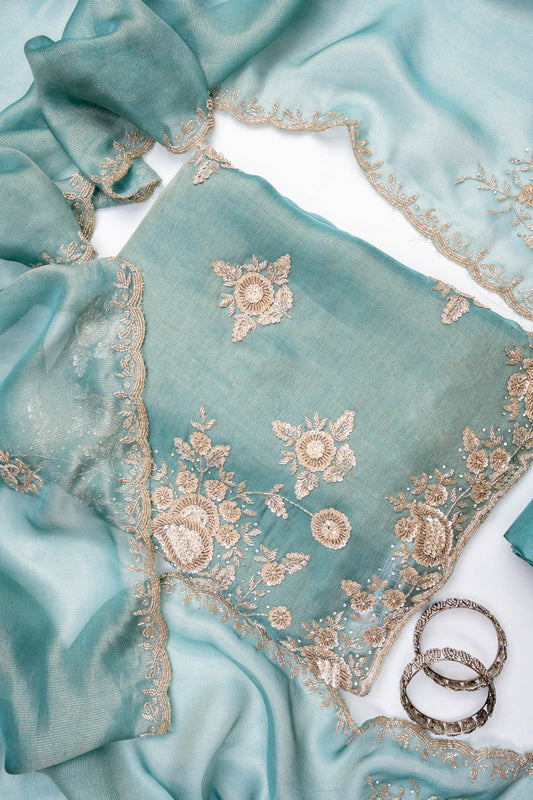 Mint Green Organza Unstitched Salwar Suit With Organza Dupatta