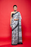 Black White Crepe Printed Saree With Unstitched Blouse