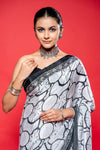 Black White Crepe Printed Saree With Unstitched Blouse