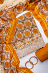 Tussar Mustard Pashmina Unstitched Salwar Suit With Cotton Dupatta
