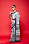 Black White Crepe Printed Saree With Unstitched Blouse