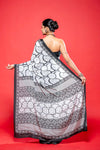 Black White Crepe Printed Saree With Unstitched Blouse