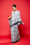 Black White Crepe Printed Saree With Unstitched Blouse