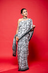 Black White Crepe Printed Saree With Unstitched Blouse