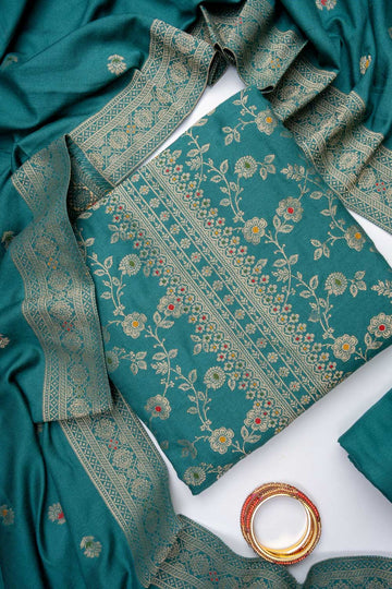 Mint Green Pashmina Unstitched Salwar Suit With Pashmina Dupatta