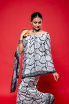 Black White Crepe Printed Saree With Unstitched Blouse