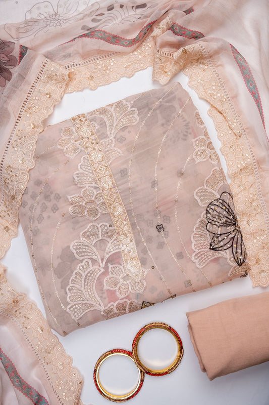 Peach Georgette Unstitched Salwar Suit With Chiffon Dupatta