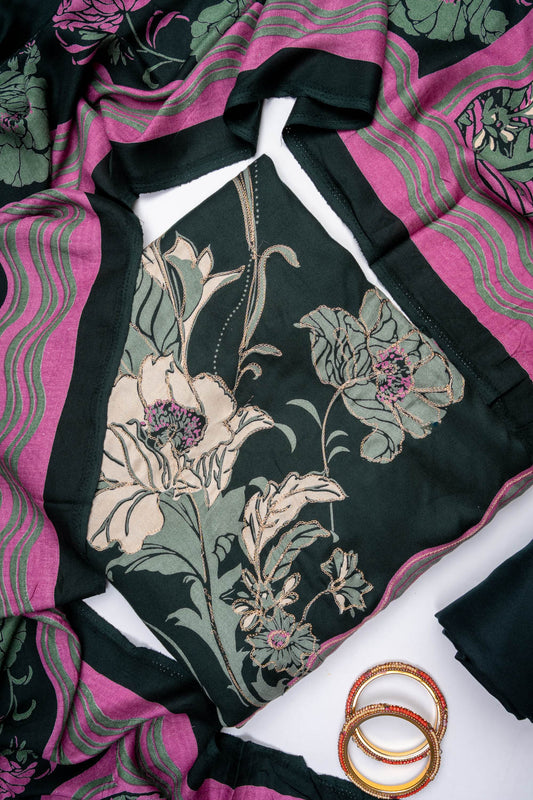 Bottle Green Pashmina Unstitched Salwar Suit With Pashmina Dupatta