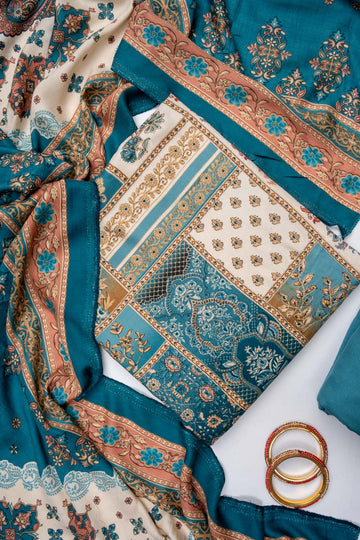 Tussar Dark Firozi Pashmina Unstitched Salwar Suit With Pashmina Dupatta