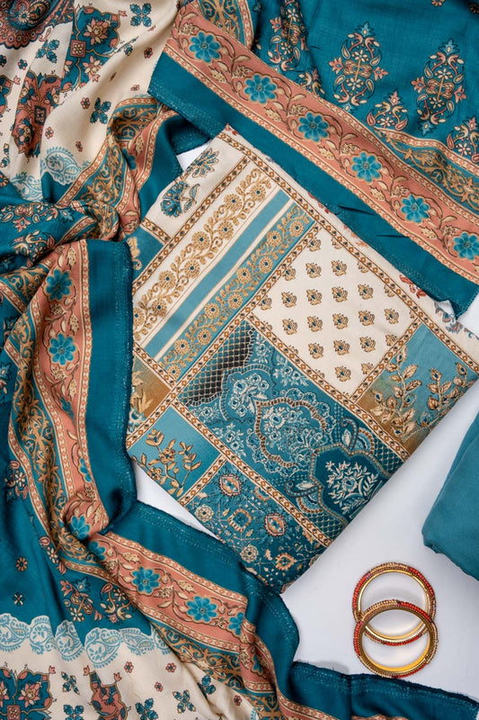 Tussar Dark Firozi Pashmina Unstitched Salwar Suit With Pashmina Dupatta