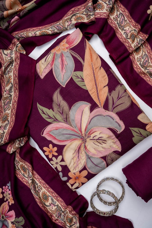 Garnet Pashmina Unstitched Salwar Suit With Pashmina Dupatta